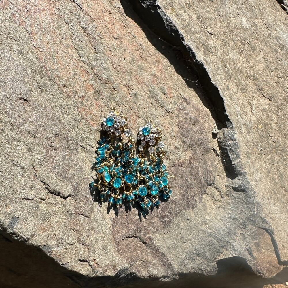Vintage Earrings Turquoise Blue Rhinestone Beaded Chandelier Dangle Statement